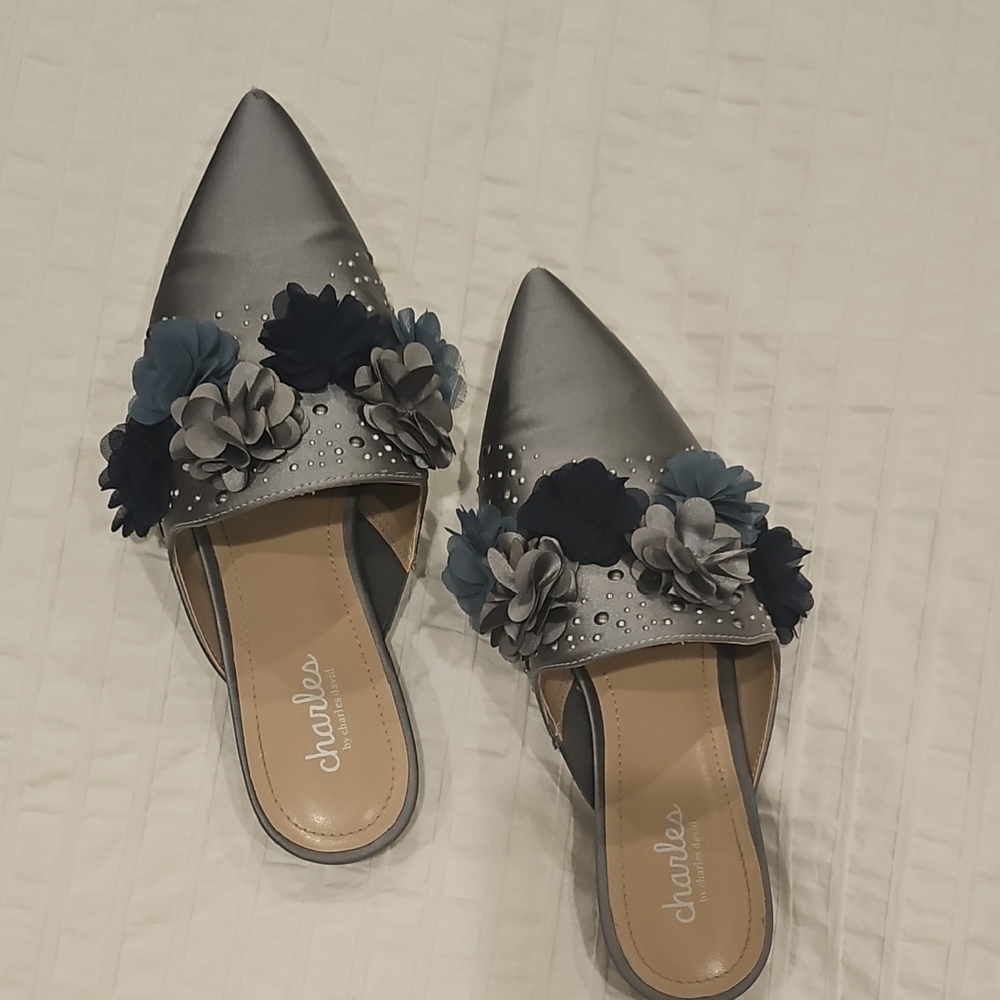 Charles By Charles David Gray and Blue Floral Mules